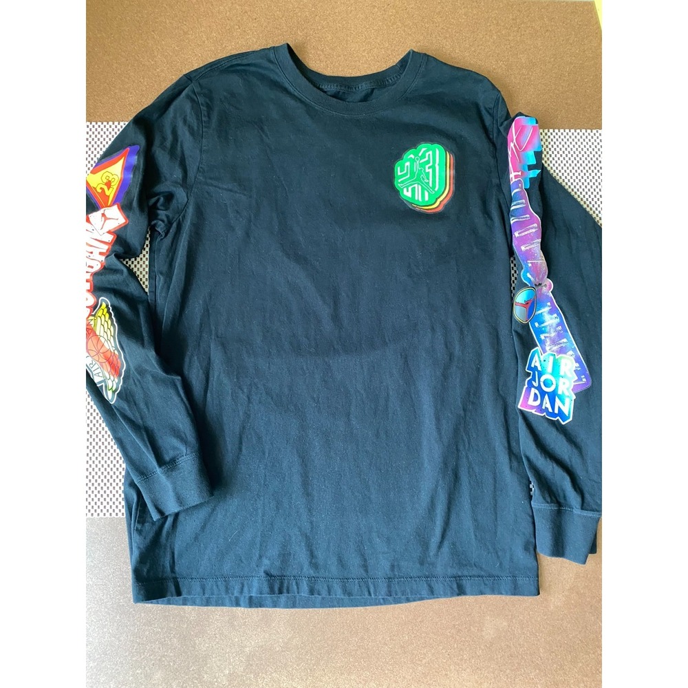 Nike Air Jordan Long Sleeve T Shirt Mens L Black Graphic Multi Logo Jumpman Y2K